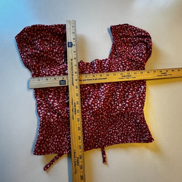 Sim & Sam Cropped Top Medium Red Ditsy Floral Smocked Waist Puff Sleeve Feminine - Picture 4 of 9